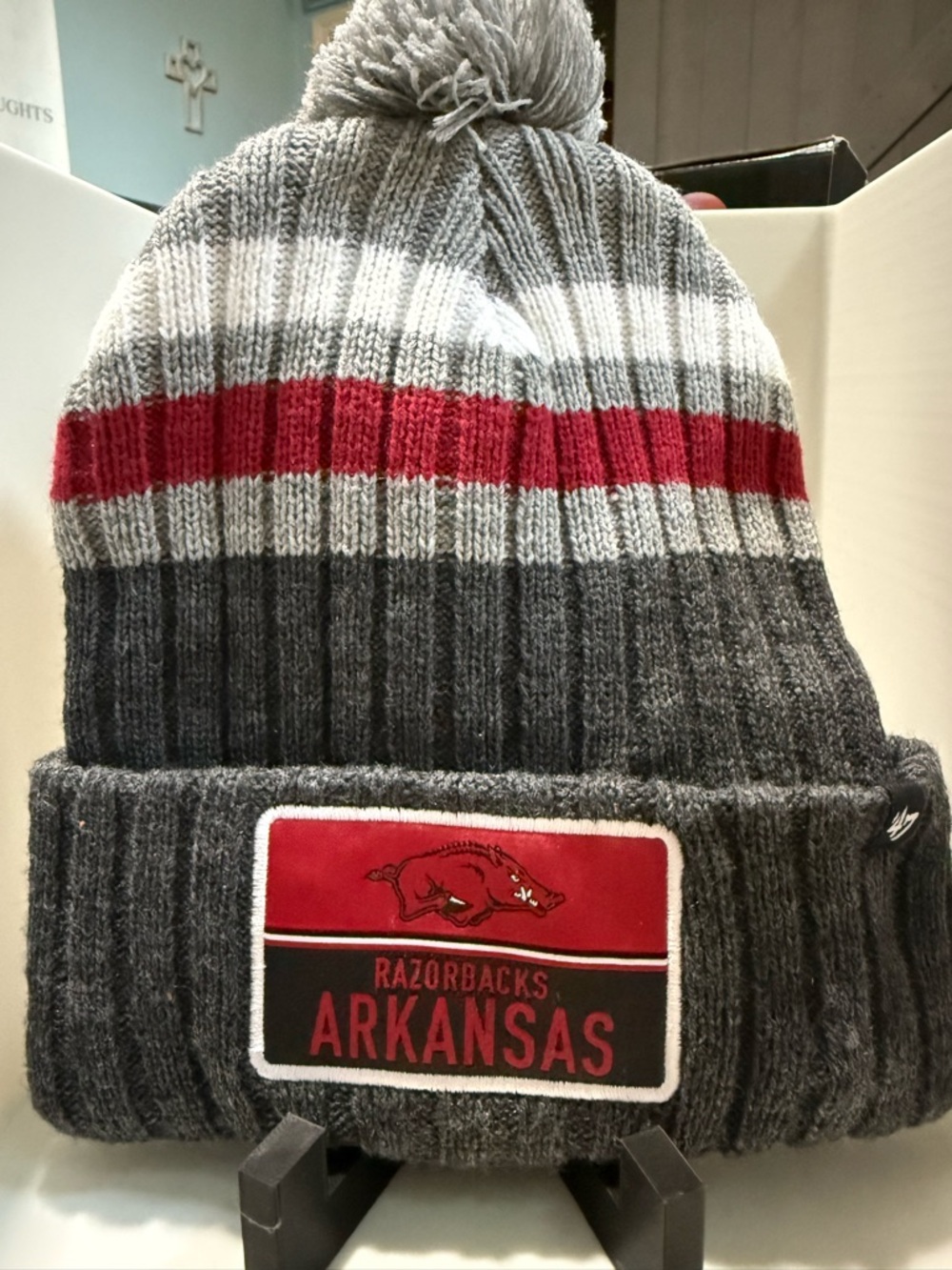 Arkansas Razorbacks Grey Red Knit Pom Beanie